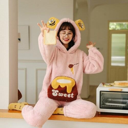 2021 Winter Women Pajamas Set Flannel Cartoon Bee Pyjamas Two-piece Sleepwear Thicken Wear Cute Dog Loose Pijama Suit Hoodies