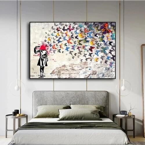 Banksy Art Girl Butterfly Canvas Paintings Horse Riding Wall Art Posters and Prints Abstract Pictures for Living Room Home Decor