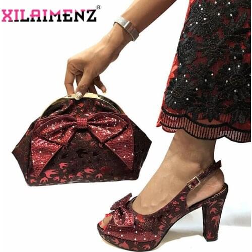 Wine Color New African Rhinestone Woman Sandals And Bags Set Italian Style High Heels 10 CM Shoes And Bag Set For Party