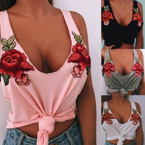 Rose Embroidered Tank Top Women Sexy Crop Top 2020 Summer Backless Stretch White Black Pink Punk Vest Tees Streetwear Size S-2XL