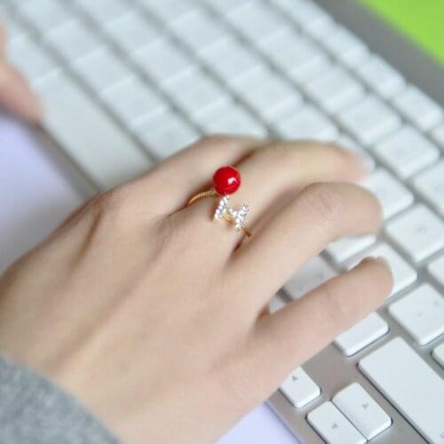 Fashion Women Red Acrylic With Crystal Letter Open Adjustable Ring