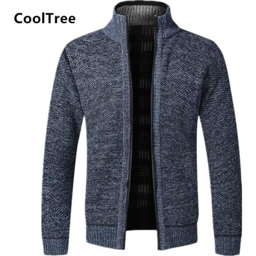 CoolTree Men Jackets Autumn Winter Cotton Solid color Thick Warm Zipper Coats Mens Stand Collar Slim Fit Sweater Jacket Cardigan