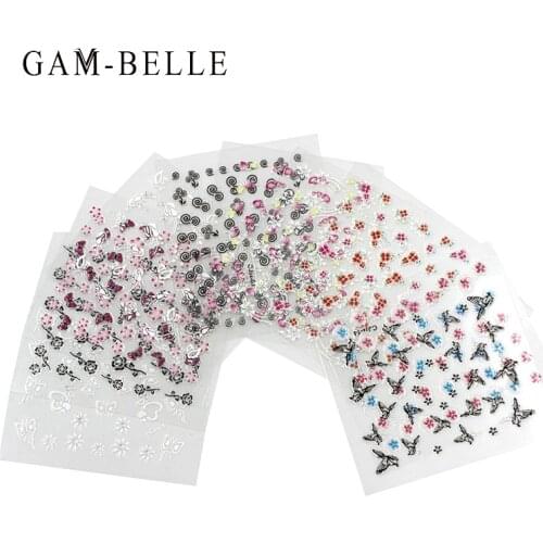 GAM-BELLE 10 Sheets 3D Nail Sticker Flower Butterfly Design Nail Wraps Adhesive Sliders Decals Nail Art Decor Random Pattern