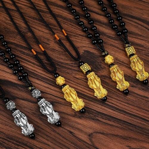 Pixiu Pendant Necklace Symbol Wealth and Good Luck Charm Necklace Chinese Feng Shui Faith Obsidian Stone Beads Necklaces