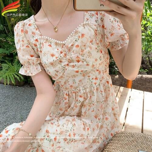 Dresses For Women 2021 Summer New V Neck Elastic Waist Pull Sleeve Floral Dress Beaded Korean Style Casual Chiffon Dress Women