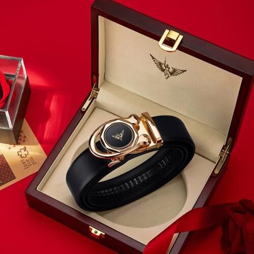 Top layer cowhide mens belt fashion mirror charm dial automatic buckle belt simple and versatile young and middle-aged trousers