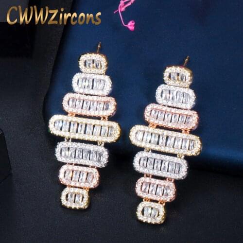 CWWZircons Geometric Dangle Drop Baguette Cubic Zirconia Earrings 3 Tone Rose Gold Silver Plated Wedding Banquet Jewelry CZ715