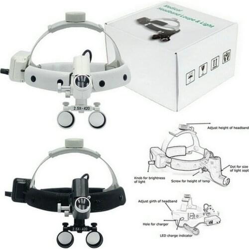 2.5X/3.5X Dental LED Surgical Operation Headlight Leather Headband Loupe with Light Black/White