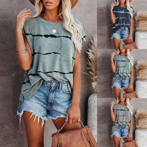 Womens T-shirt Summer Simple Casual Loose Striped Print Round Neck Short Sleeve Top High Quality Clothes женские свитер 50