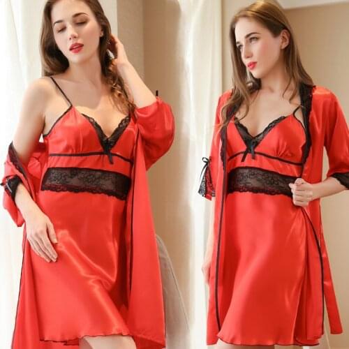 Womens Silk Pajamas Suspenders Lady Sexy Silk Robe and Dress 2pcs Nightgown Sexy Robe Bathrobe Lace Decorate Sleepwear D-1056