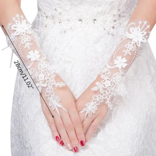 Women Wedding Fingerless Gloves Lace Faux Pearl Floral Applique Bowknot Mittens X7YC