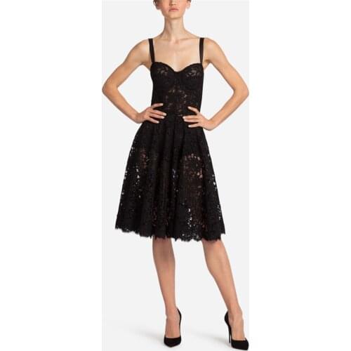 Newlife Summer Womens A-LINE Spaghetti Strap Lace Black Knee-Length Celebrity Sexy Women Evening Party Dress