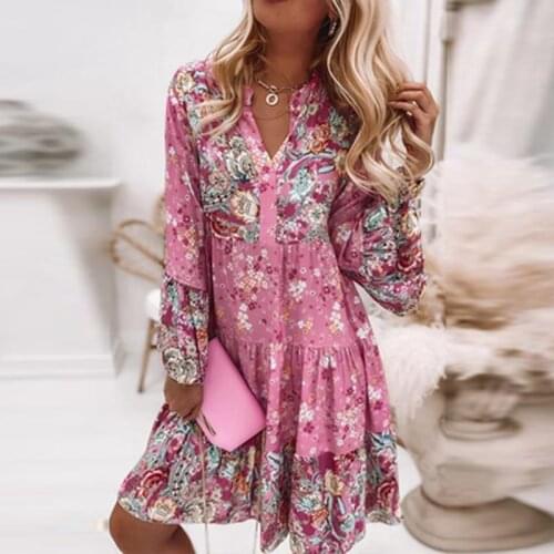 Boho Retro Floral Print Pleated Party Dress Spring V Neck Elegant Office Lady Dress 2021 Autumn Flare Sleeve Women Dress Vestido