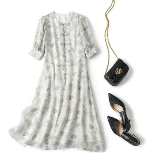 Mulberry Silk dress Women Elegant light color Printed Single Breasted skirt petticoat lady slim underdress tight dress slinky