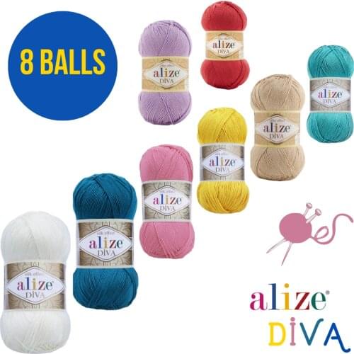 8 Balls Alize Diva, Alize Diva Silky Effect, %100 Acrylic Yarn, Yarn Crochet, Knitting Soft Yarn, Summer Yarn Bikini Patern
