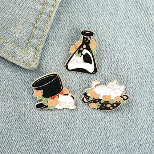 White Cats Enamel Pin Custom Magic Hat Pot Bottle Brooch Clothes Lapel Pin Badge Cartoon Animal Gift for Kid Friend Wholesale
