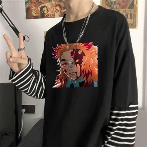Fashion Japan Anime Demon Slayer Rengoku Kyoujurou T Shirt Harajuku Gothic Summer Long Sleeve Fake Two Piece Men Women T-shirt