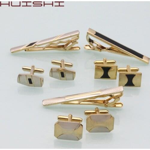 HUISHI Delicate Gold Silvery Black Tie Clip Set Wedding Cufflinks For Father Boyfriend Valentines Day, Qixi Festival Gifts