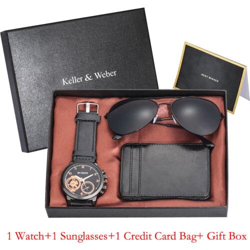 Exquisite Mens Wristwatch Credit Wallet Sunglasses Gift Set Quartz Watch Leather Wallets Fine Sunglass Gifts for Husband Father
