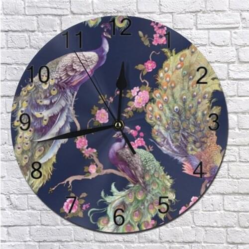 25CMPeacocks Pattern Round Wall Decor Clock Numeral Digital Dial Mute No Ticking Battery Operated Clocks for Bedroom Home&Living