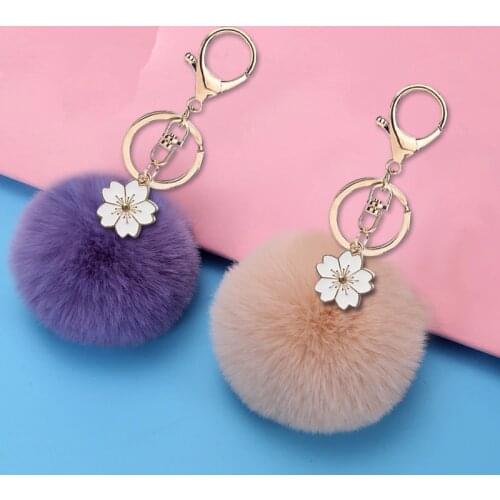 Cute Fluffy Fur Ball Key Chain Flower Artificial Rabbit Pompons Car Pendant Keyring Key Holder Charm Bag Girl Party Gift