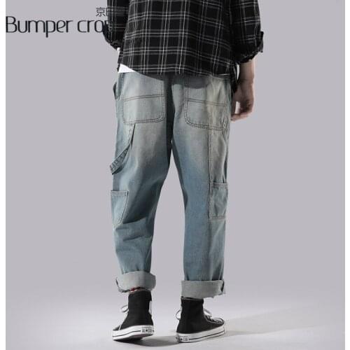 BUMPERCROP Hip Hop Mens Jeans Loose Vintage Pocket Designer Jeans High Quality Denim Pants Legs Man Jeans Brand 2018 Blue Chic