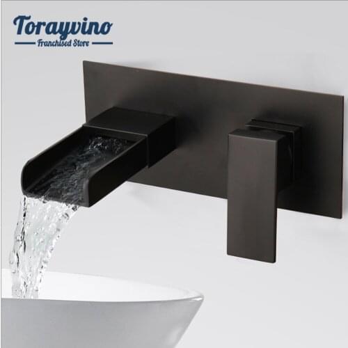 Torayvino Bathroom Brass Waterfall Matte Black Finished Wall Mounted Single Handle Faucet Set Basin Sink Mixer Faucet Set