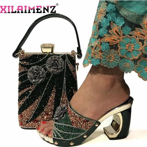 2020 New Design Women Shoes and Bag with Shinning Crystal Italian Matching Shoes and Bag Set for Party in Dark Green