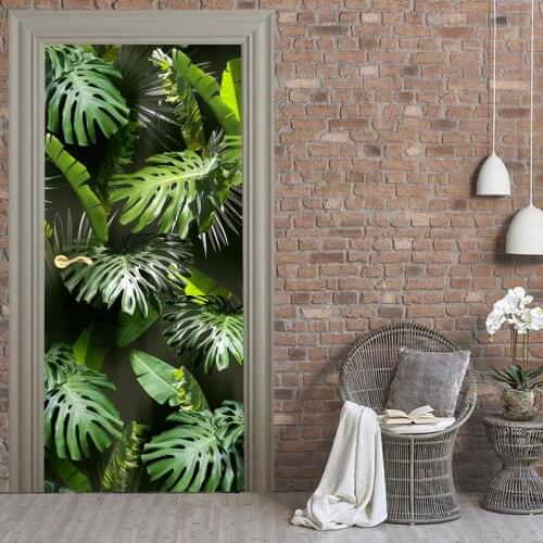 Hot Door Mural Modern Tropical Leaf Wall Door Sticker DIY Self-adhesive Waterproof Wallpaper Poste for Home Decoration Gift