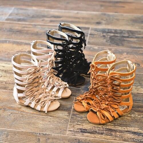Real leather Girls sandals Suede leather Children Roman sandals Bow Female Boots Kids gladiator sandals