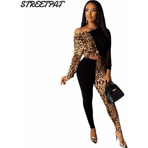 Sexy Two Piece Set Women Leopard Patchwork Long Sleeve Crop Top leggings Joggers Pants Sweat Suit Bodycon Tracksuit Femme