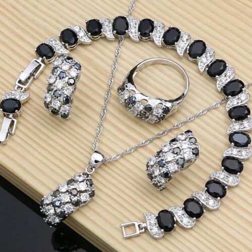 Vintage 925 Silver Rhinestone Necklace Earrings Bracelet Ring Set Bohemia Black Broken Stone Wedding Jewelry Sets Women