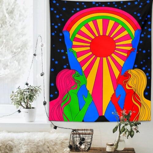 Vintage Rainbow Tapestry Wall Hanging Retro Style Sun Trippy Aesthetic Room Decor Home Living Room Bedroom Boho Wall Art Decor