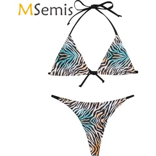 Womens Zebra-stripe Bikini Set Two-piece Swimwear Bathing Suit Halter lace-up Bra with Thongs T-back Briefs Bikini Swimsuit