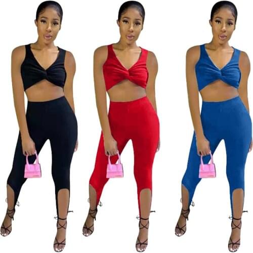 Womens Summer Sexy Cool Two Piece Suit Outdoor Vacation V-neck Sleeveless Tight Suit Fitness Solid Yoga Sportwear
