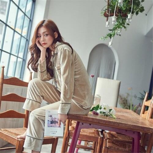 Ladies pajamas set autumn/winter lapel cardigan casual solid color long-sleeve home service pregnant women sleepwear pijamas