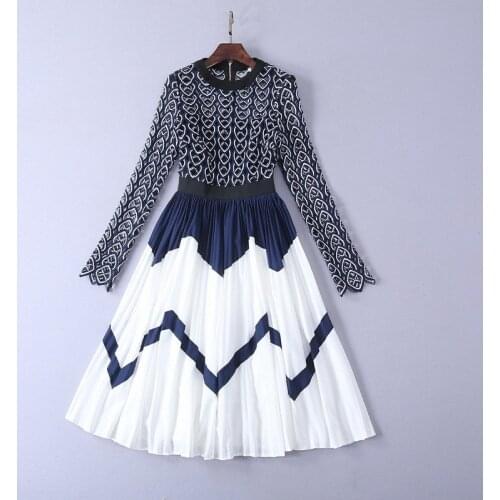 American European womens and spring 2021 new style Long sleeve Hollow out together Striped pleated fashion dress