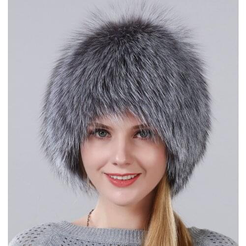 Hot Sale Winter Hat 100% Real Natural Silver Fox Fur Womens Knitted Fur Cap Women Hat Fox Fur Hat Female Ear Warm Winter Must
