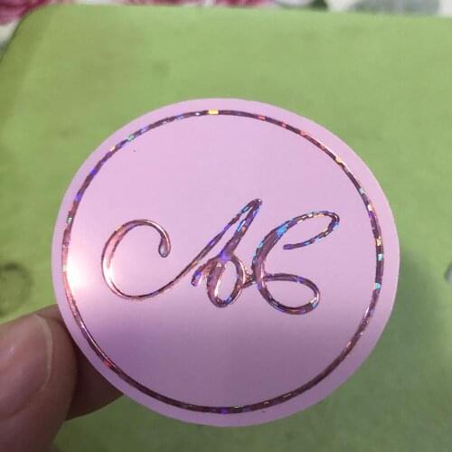 4.5cm Waterproof Custom rose gold small dots Holographic foil Sticker Label with pink background
