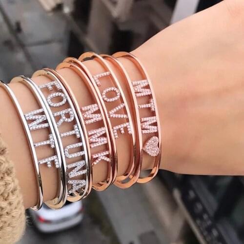 Custom CZ Zircon Bangles Personality Iced Out Name Bracelet For Women Gold Color Name Words Bracelets Fashion Jewelry Gift