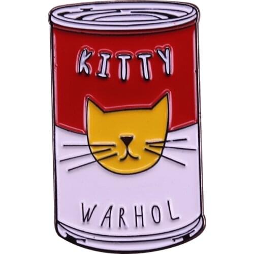 Kitty Warhol badge campbells soup cans pop art pin cute cat brooch Warhol painting flair gifts
