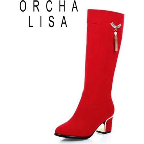 ORCHA LISA 2021 Ladies Knee High Boots Zip Flock Charm Pearl Tassel Short Plush 6CM Block Heel Shoes Size 32-43 Black Red A4472