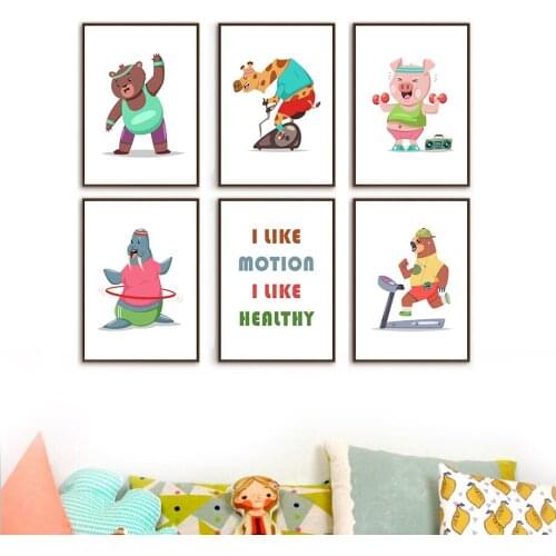 Fitness Animals Seal Sloth Giraffe Pig Bear Cartoon Art Canvas Painting Nordic Posters And Prints Wall Pictures Kids Room Decor