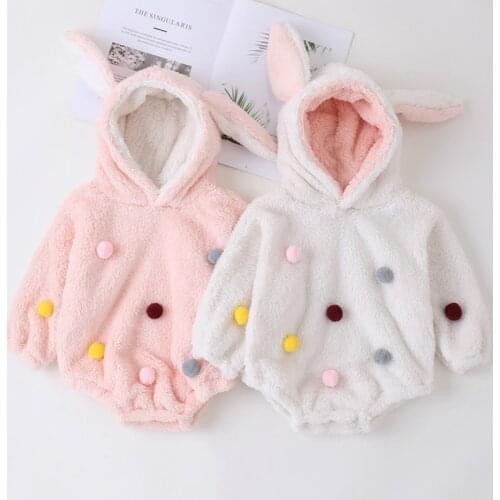 Plush Thickening Winter Baby Girl Clothes Colorful Hairball Cute 3D Rabbit Ear Hooded Long Sleeve Warm Soft Baby Bodysuit 3-18M
