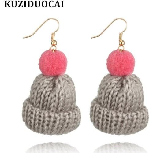 Kuziduocai New Hot ! Fashion Fine Jewelry 3 Colors Trend Wool Knitting Hat Shape Plush Ball Stud Earrings For Women Gifts E-1100