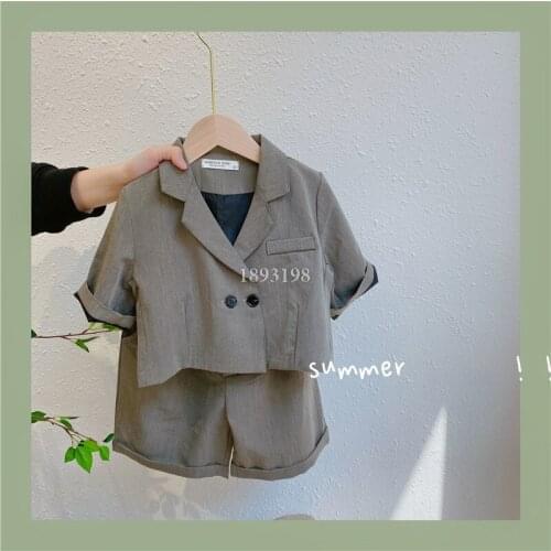 Summer Boys Girls Double Button Short Sleeve Blazer Shorts 2psc Suit Set Baby Child Birthday Party Performance Costume