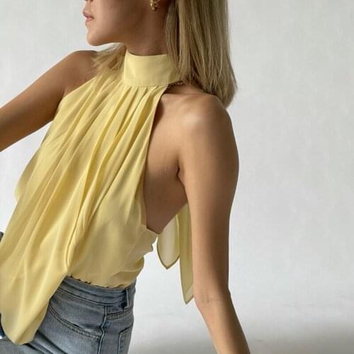 Missnight Summer Backless Halter Tank Top Bandage Sleeveless Chiffon Sexy Women Tops Solid Color Elegant Casual Office Club Wear
