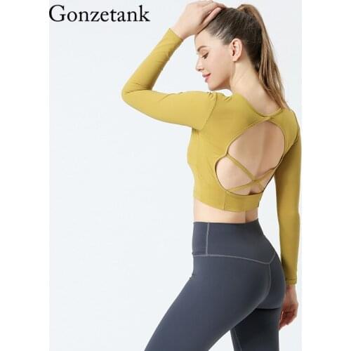 2021 New Long-sleeved Yoga Clothes Feminine Halter Cross Hollow Fitness Top Sports T-shirt with Chest Pad Shockproof Gathering