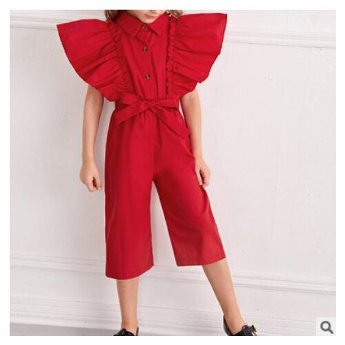 New New Kids Girls Fashion Fly Sleeve Solid Color Jumpsuit Stylish Jumpsuit For Children Girls Trend Red