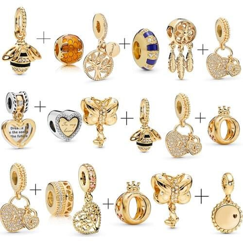 2Pcs/lot Gold Color Lovely Lion & Feather & Love Charm Beads fit Brand Bracelets Necklace For Women DIY Jewelry Accessories